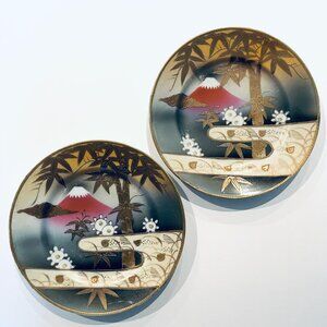 Vintage Hand Painted Shofu Japan Designed Mount Fuji Gold Bamboo Plates In Pair